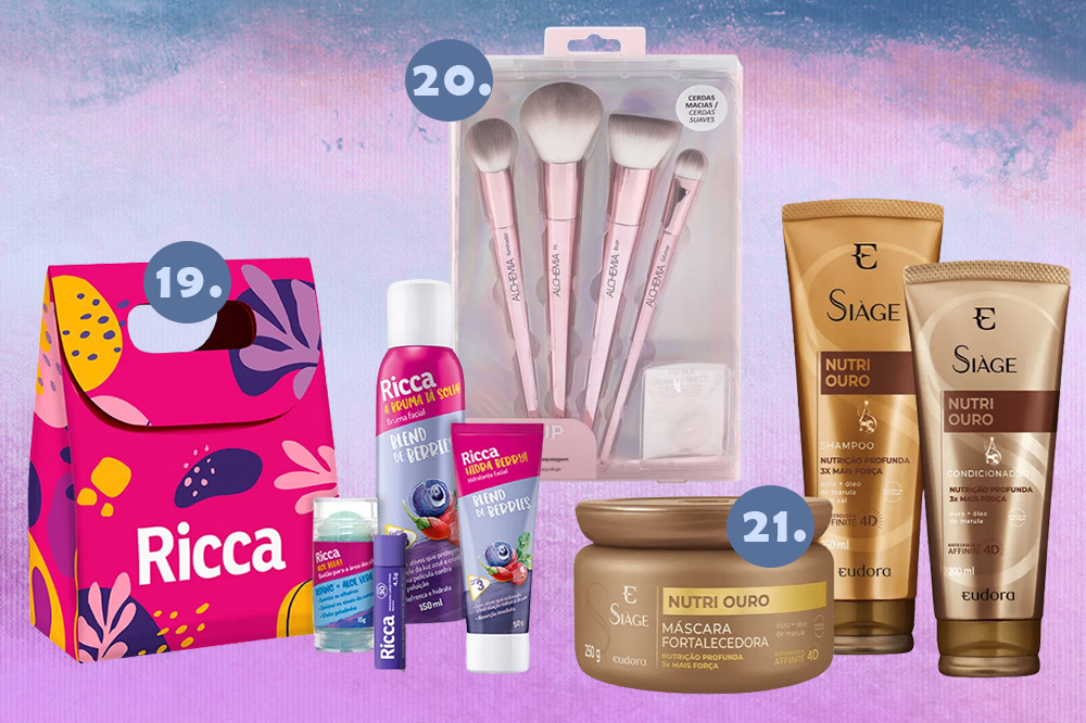 kits-de-beleza-natal-07 Montagem em fundo degradê azul e lilás com três sugestões de kits com produtos de beleza para dar de presente no Natal