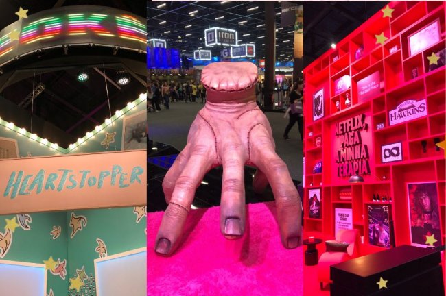 netflix ccxp Montagem com as ativações de Heartstopper, mãozinha de Wandinha, da família Addams, e sala de terapia da Netflix com itens de decoração temáticos das séries da plataforma em tons de vermelho em estande na CCXP22
