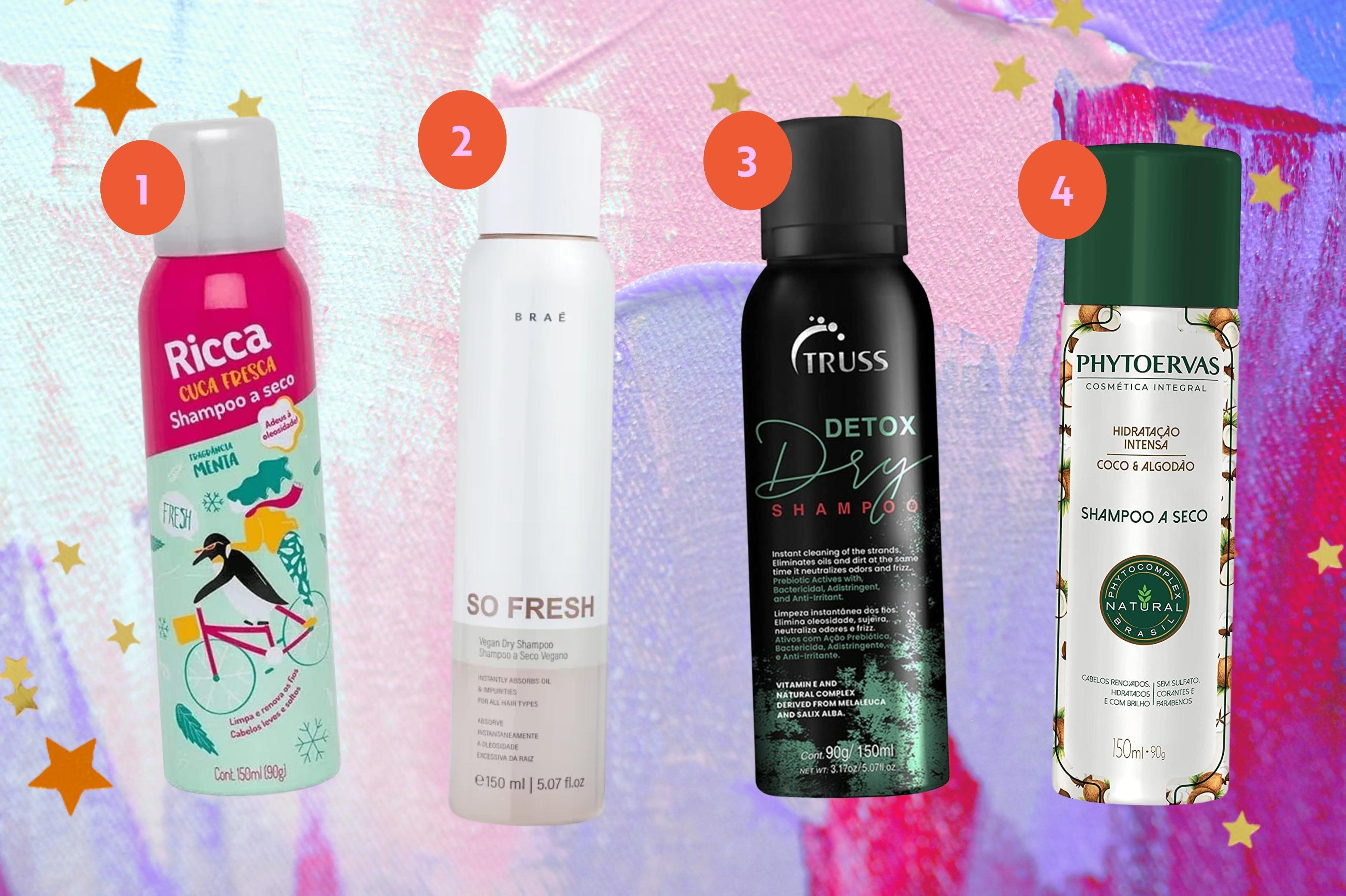opcoes-de-shampoo-a-seco Montagem com o fundo colorido em tons de roxo e quatro opções de xampu a seco.