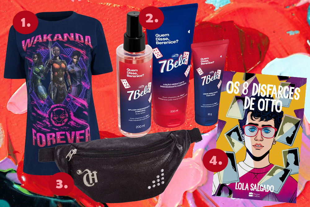 presentes-natal-amigo-secreto-01 Montagem em fundo vermelho, rosa e lilás com quatro sugestões de presentes para dar no amigo secreto de Natal: camiseta Pantera Negra, kit de produtos 7 Belo, pochete preta e livro