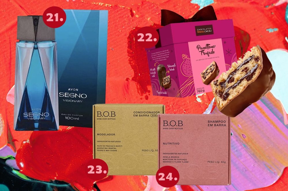 presentes-natal-amigo-secreto-06 Montagem em fundo vermelho, rosa e lilás com quatro sugestões de presentes para dar no amigo secreto de Natal: perfume masculino, chocottone trufado e xampu e condicionador em barra