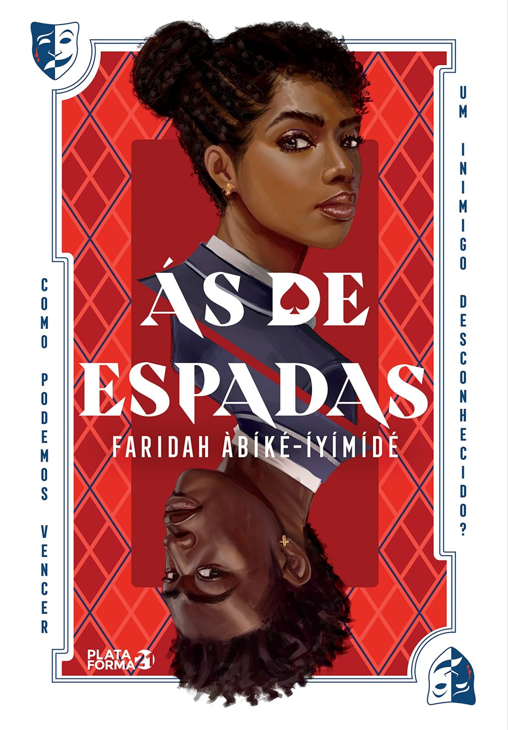 Capa de Ás de Espadas com uma ilustração de mulher e um homem em uma carta de baralho com fundo vermelho; o título está na parte central em branco