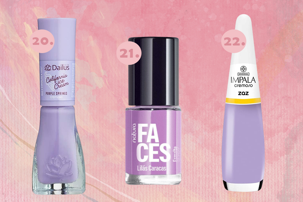 esmaltes-tendência-2023-lilas Montagem em fundo rosa com três esmaltes na cor lilás