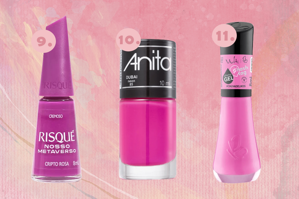 esmaltes-tendência-2023-rosa Montagem em fundo rosa claro com três esmaltes na cor rosa