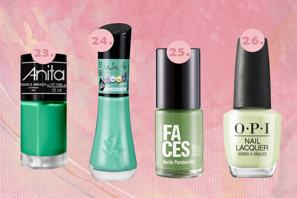 esmaltes-tendência-2023-verde Montagem em fundo rosa com quatro esmaltes em tons de verde