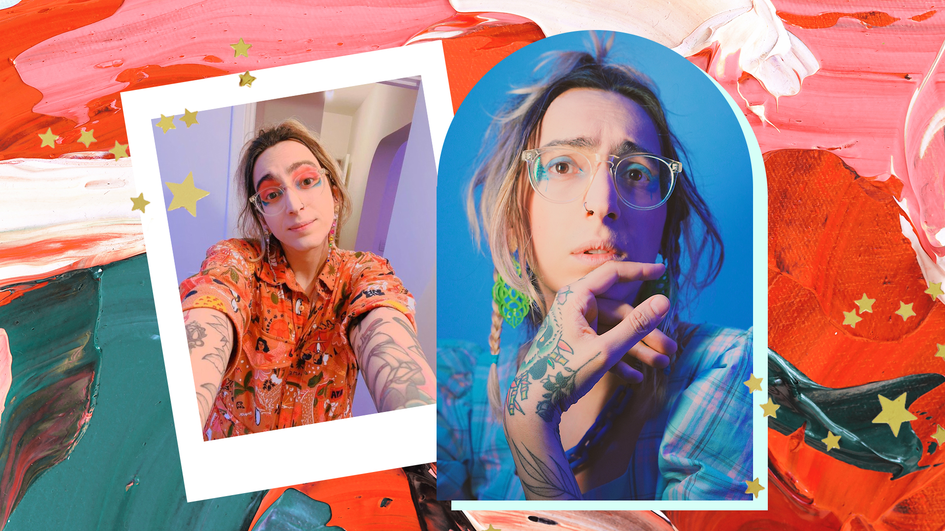 juvi-moda-e-nao-binariedade Duas fotos da criadora de conteúdo Juví em fundo vermelho, rosa e verde