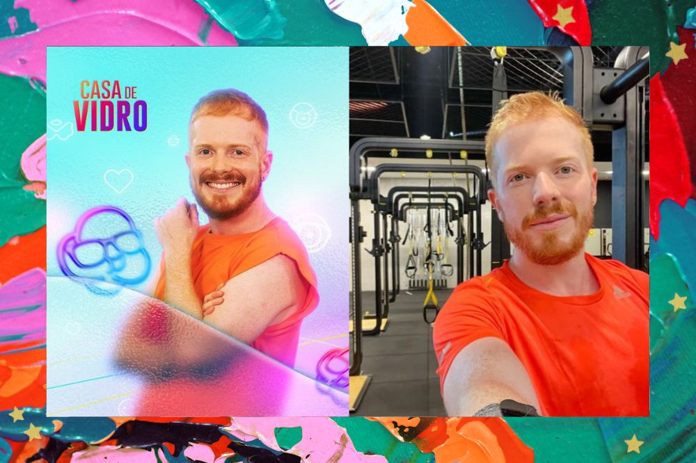 Duas imagens de Manoel, da Casa de Vidro do BBB23; na primeira ele está posando para foto sorrindo de lado com os braços cruzados na frente do corpo e uma mão próxima ao rosto com uma camiseta laranja, na parte superior esquerda está escrito "Casa de Vidro"; na segunda ele usa uma camiseta laranja e tira uma selfie na academia sorrindo levemente; a margem é uma textura nas cores azul, verde, branco, rosa, vermelho e laranja; estrelas amarelas decoram a imagem