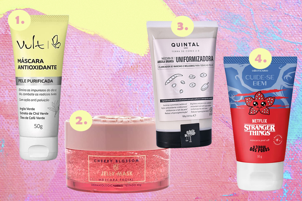 mascaras-faciais-cuidados-pele-01 Montagem em fundo amarelo, rosa e azul com quatro opções de máscaras faciais para skincare