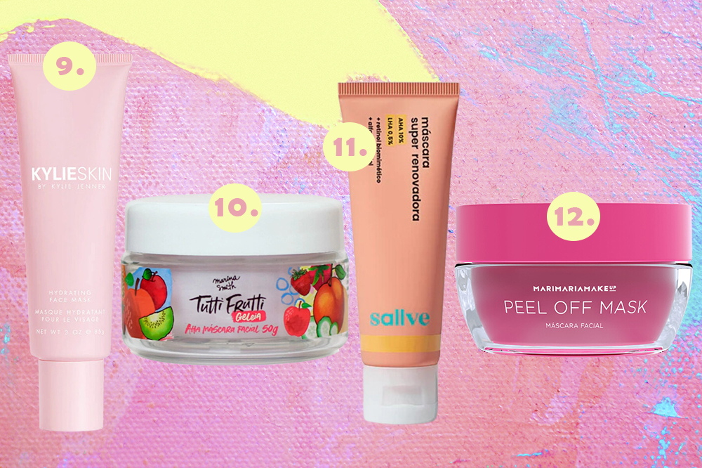 mascaras-faciais-cuidados-pele-03 Montagem em fundo amarelo, rosa e azul com quatro opções de máscaras faciais para skincare