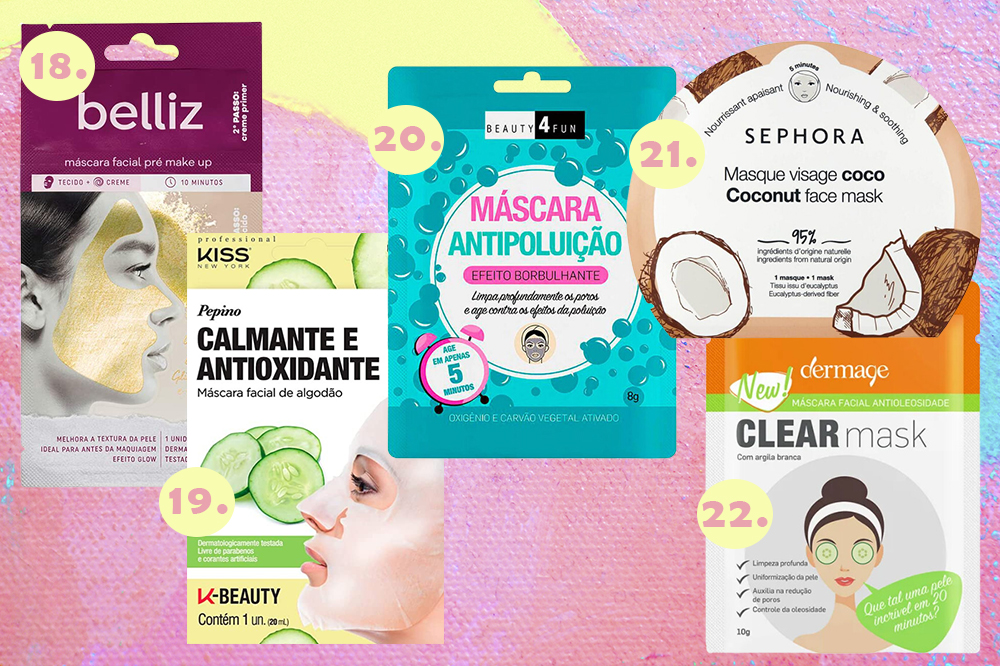 mascaras-faciais-cuidados-pele-05 Montagem em fundo amarelo, rosa e azul com cinco opções de máscaras faciais para skincare