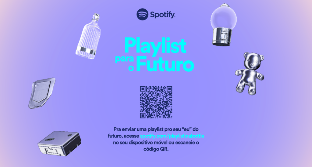 Fundo lilás com ilustrações de objetos como lâmpada, garrada e ursinho em preto e branco com metálico; no centro um QR code aparece em azul escuro com o título "Playlist para o futuro" em azul claro; o logo do Spotify e detalhes da experiência também estão na imagem