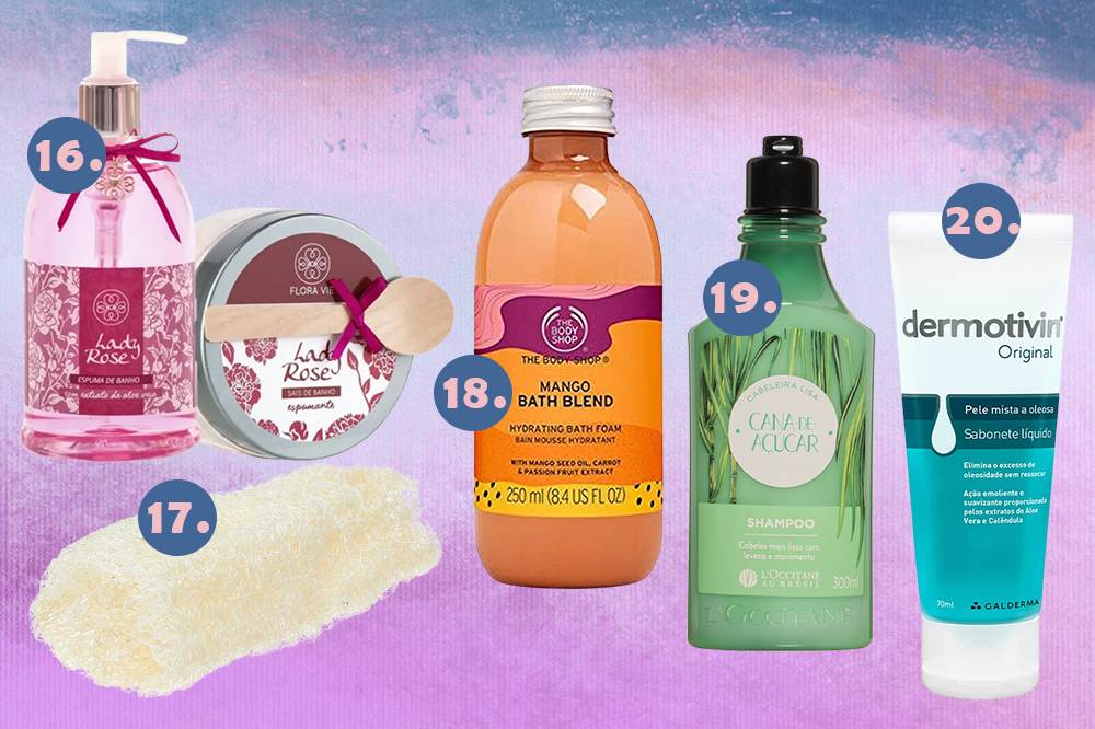 produtos-banho-relaxante-04 Montagem em fundo degradê lilás e azul com cinco produtos para tomar um banho relaxante