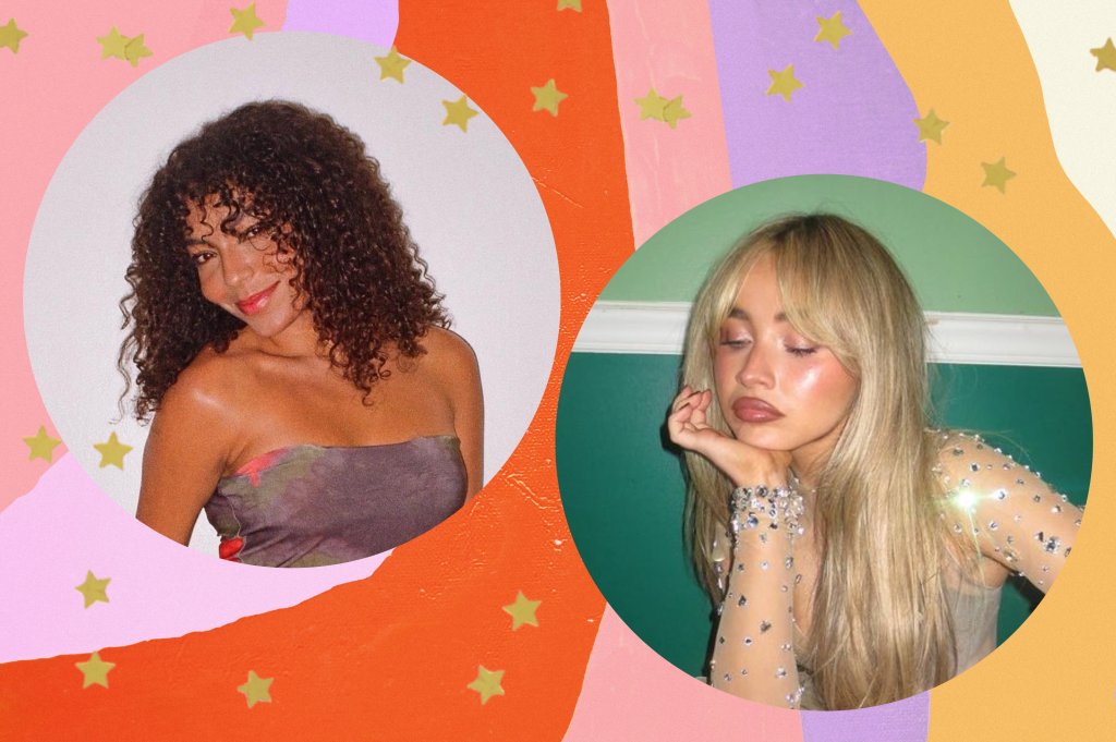 Montagem com o fundo colorido e detalhe de estrelas douradas nas bordas com uma foto da Any Gabrielly e uma da Sabrina Carpenter no centro.