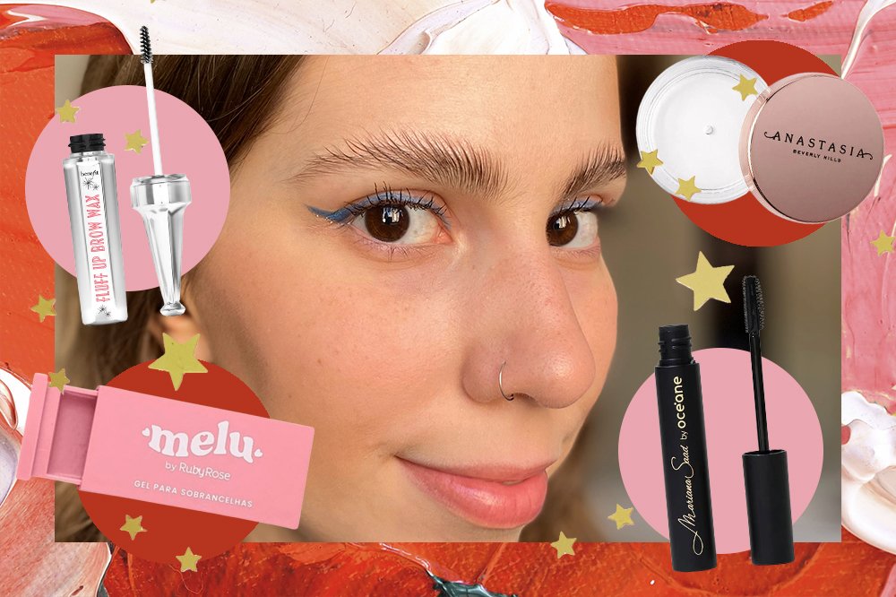Montagem em fundo vermelho e rosa com foto da repórter Sofia Duarte usando produto para deixar as sobrancelhas para cima e, ao lado, em quatro molduras circulares, os produtos para sobrancelha