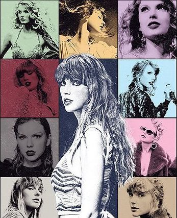 Pôster da The Eras Tour com diferentes imagens de Taylor Swift com efeitos coloridos em verde, rosa, azul e amarelo; uma imagem maior da cantora em preto e branco está sobreposta no centro; o nome da artista e o título da The Eras Tour está em preto na parte central inferior da imagem