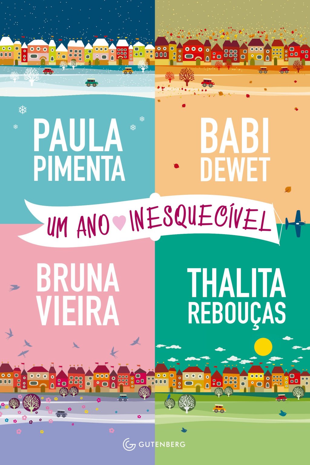 Capa de Um Ano Inesquecível com quatro blocos, cada um representando uma estação do ano sendo: inverno, outono, primavera e verão; o título está escrito em rosa dentro de um retângulo branco na parte central da imagem