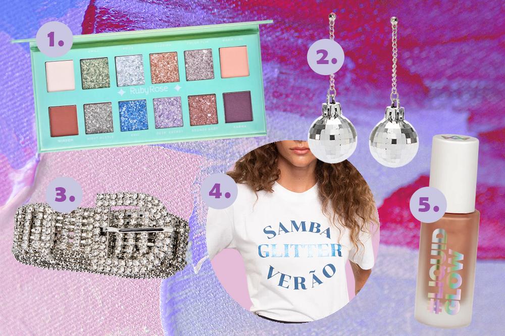 looks-carnaval-01 Montagem em fundo lilás e roxo com itens de Carnaval: paleta de sombras, cinto de strass, camiseta, brincos de disco e iluminador líquido
