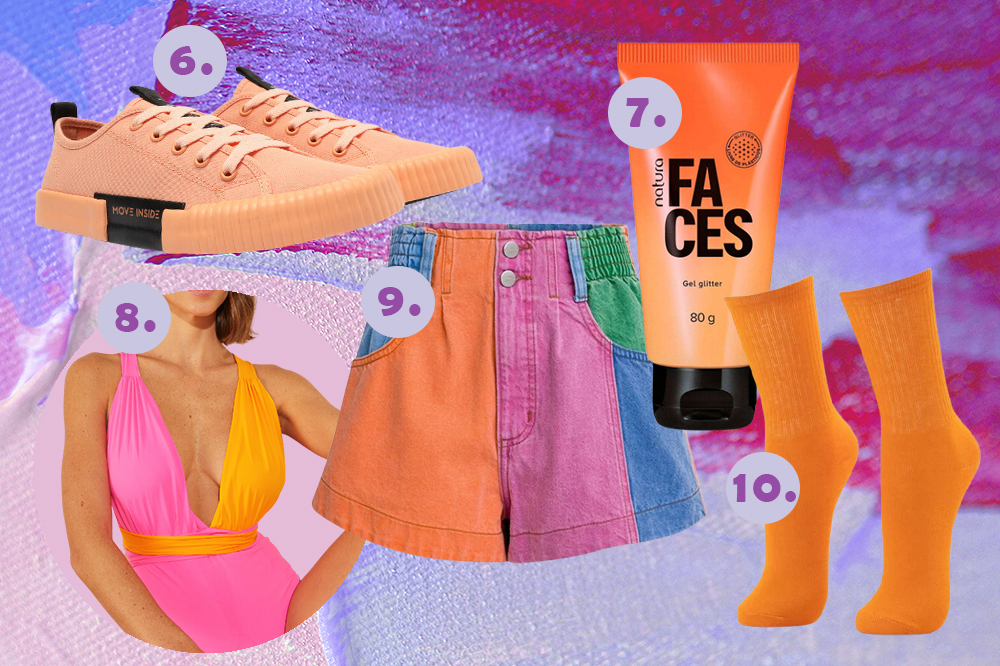 looks-carnaval-02 Montagem em fundo lilás e roxo com itens de Carnaval: tênis laranja, maiô, short colorido, glitter corporal e meia laranja