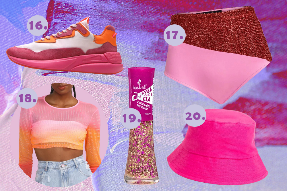 looks-carnaval-04 Montagem em fundo lilás e roxo com itens de Carnaval: tênis rosa, hot pants, blusa de tela rosa e laranja, esmalte de glitter e bucket hat rosa