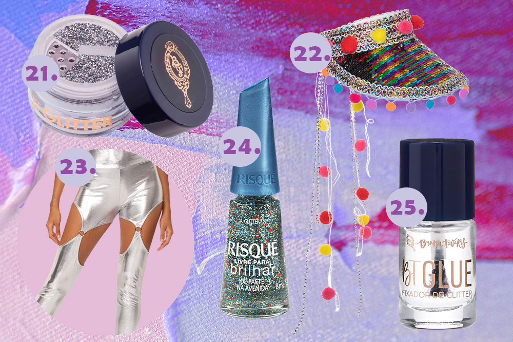 looks-carnaval-05 Montagem em fundo lilás e roxo com itens de Carnaval: glitter em pó, viseira, legging prata, esmalte de glitter e cola de glitter