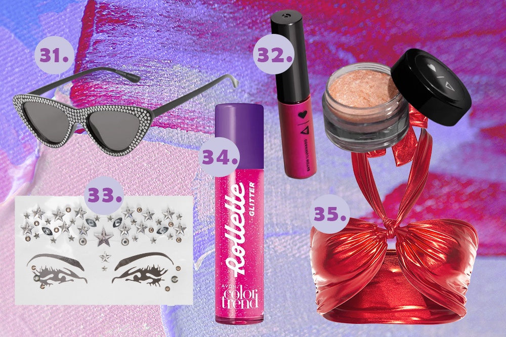 looks-carnaval-07 Montagem em fundo lilás e roxo com itens de Carnaval: óculos de sol, batom rosa, iluminador, brilho de rosto, gloss labial e top vermelho metalizado
