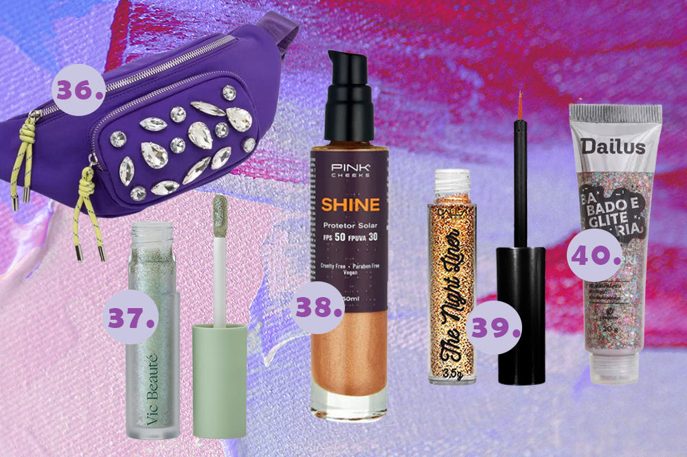 looks-carnaval-08 Montagem em fundo lilás e roxo com itens de Carnaval: pochete roxa com pedras, sombra líquida, iluminador corporal, delineador de glitter e glitter para corpo
