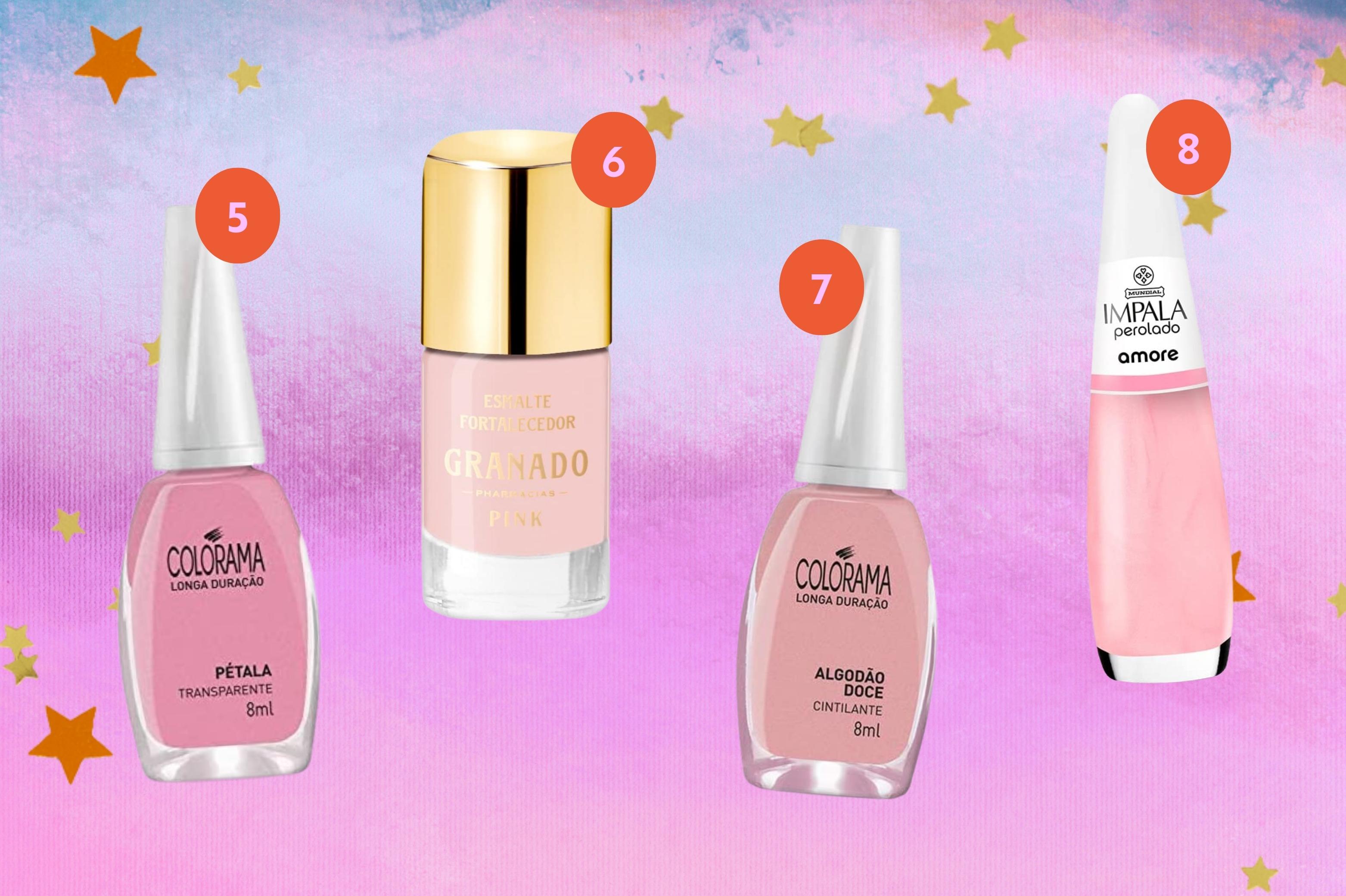 opcoes-de-esmalte-para-reproduzir-as-lip-gloss-nails Imagens de 4 vidros de esmaltes no centro com o fundo colorido e detalhe de estrelas nas bordas.