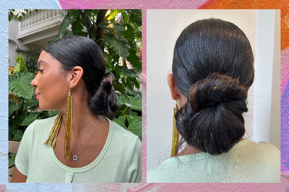 penteado-carnaval-coque-02 Maquiagem e penteado para o Carnaval na Adrieny Magalhães, estagiária de moda e beleza da CH. Montagem em fundo azul, rosa e laranja