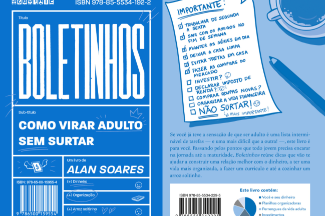 Capa e contra capa azuis do livro Boletinhos 