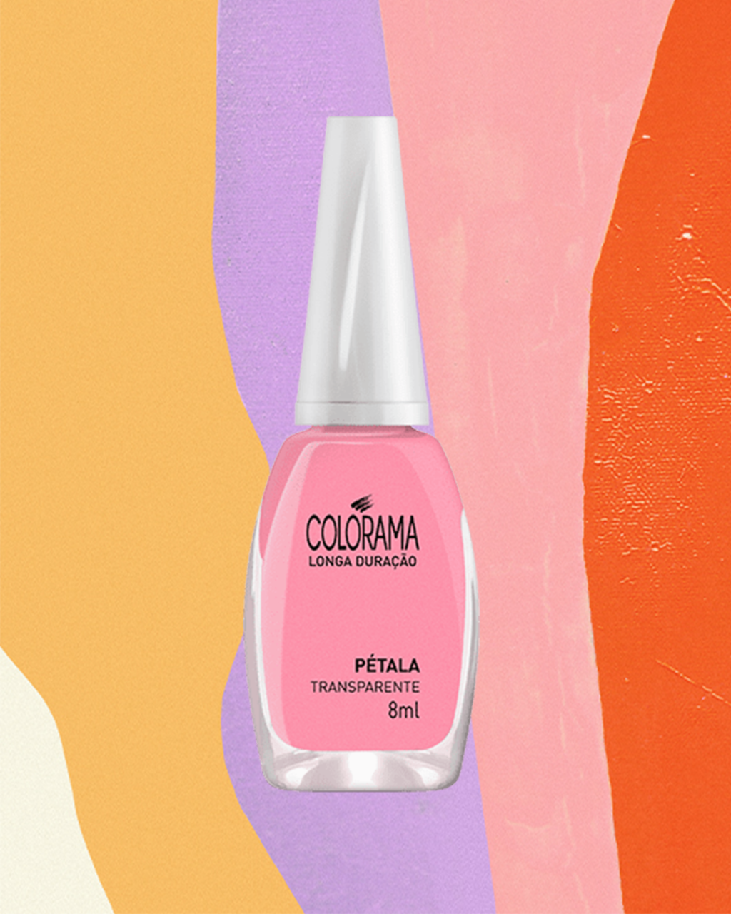 Esmalte rosa transparente da Colorama. Montagem em fundo amarelo, lilás, rosa e laranja