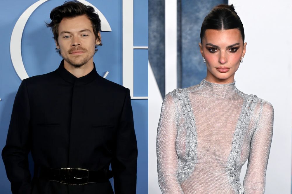 Imagens de Harry Styles e Emily Ratajkowski; ambos estão com expressões neutras posando para foto