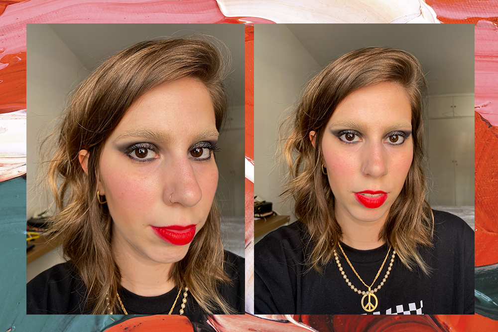 sobrancelhas-descoloridas-com-corretivo Duas fotos da Sofia Duarte, repórter de moda e beleza da CH, testando sobrancelhas descoloridas com corretivo. Montagem em fundo vermelho, verde e rosa