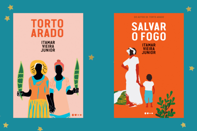 Capas dos livros Torto Arado e Salvar o Fogo, de Itamar Vieira Junior Duas capas de livros, uma rosa e outra laranja