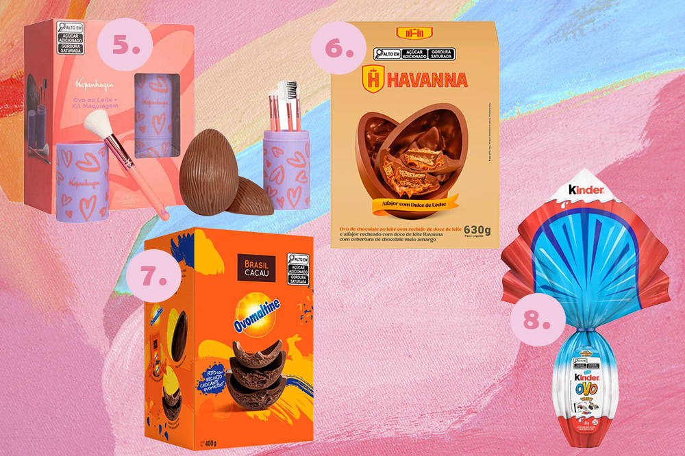 ovos-de-pascoa-chocolate-2023-02 Montagem em fundo rosa e azul com fotos de quatro ovos de Páscoa