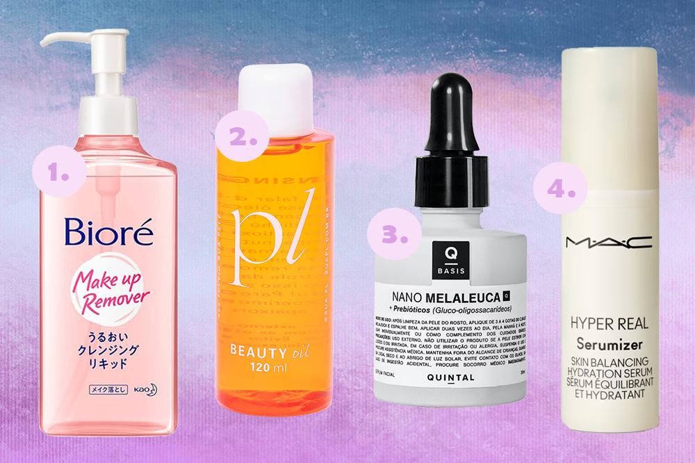 produtos-de-skincare-necessaire-01 Produtos de skincare para levar no nécessaire: cleansing oil, sérum de melaleuca e sérum hidratante. Montagem em fundo degradê azul e lilás