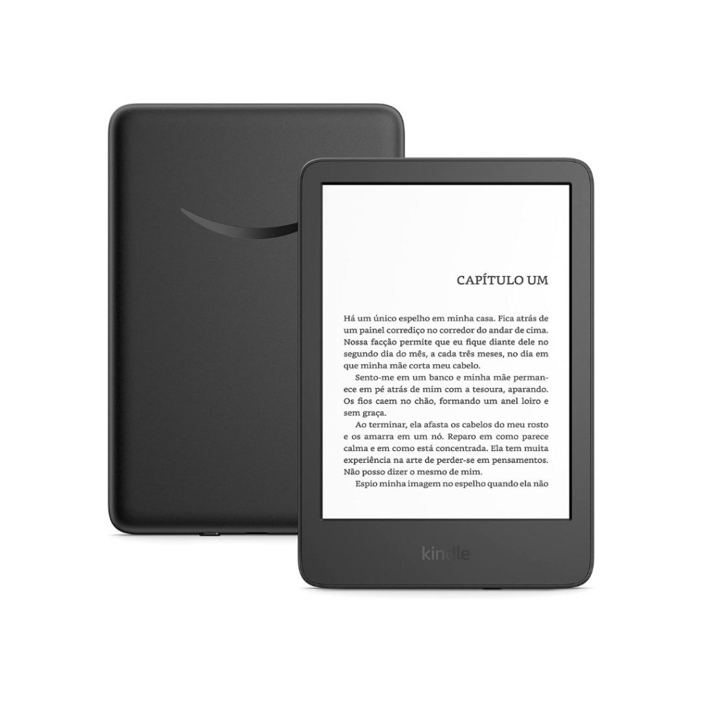 Kindle A imagem de um Kindle frente e verso, com uma página de livro aberta na parte da frente, em um fundo branco