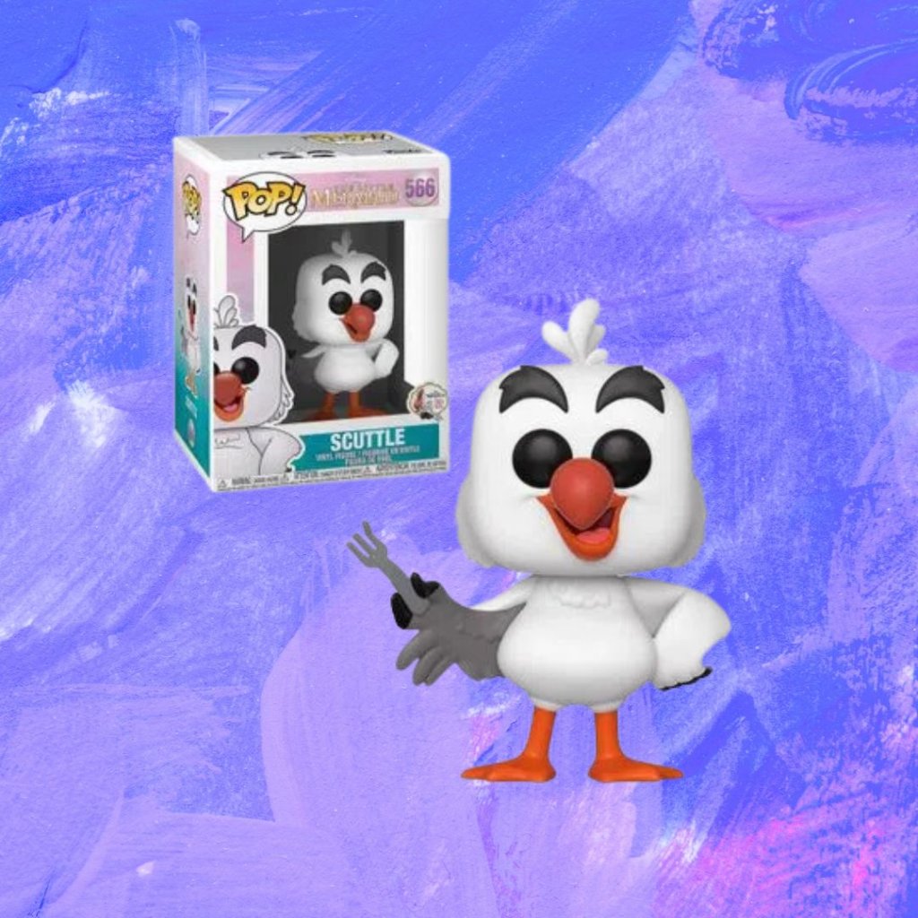 funko Funko Pop de Sabidão segurando garfo, de A Pequena Sereia; o item aparece duas vezes, uma dentro da caixa e outra fora; o fundo é uma textura de tintas em tons de azul e roxo