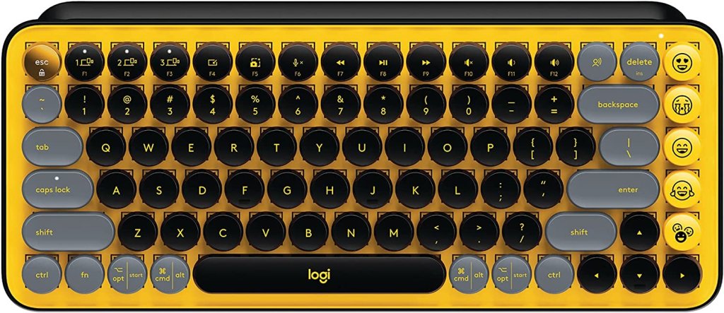 Teclado de computador amarelo com teclas pretas