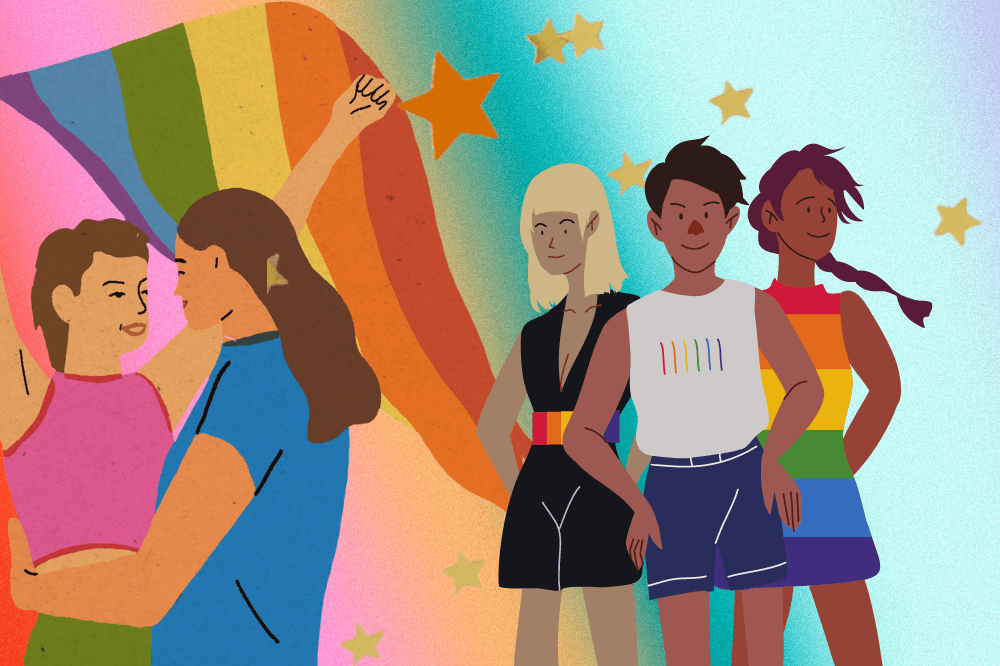 Ilustração de pessoas com a bandeira LGBT