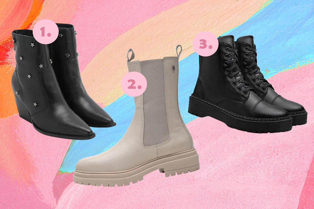 Botas para montar looks no outono-inverno 2023. Montagem em fundo rosa, laranja e azul