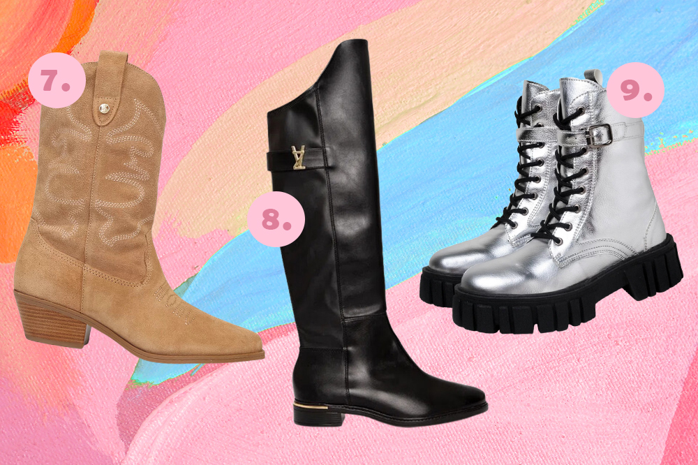 botas-tendencia-outono-inverno-2023-03 Botas para montar looks no outono-inverno 2023. Montagem em fundo rosa, laranja e azul