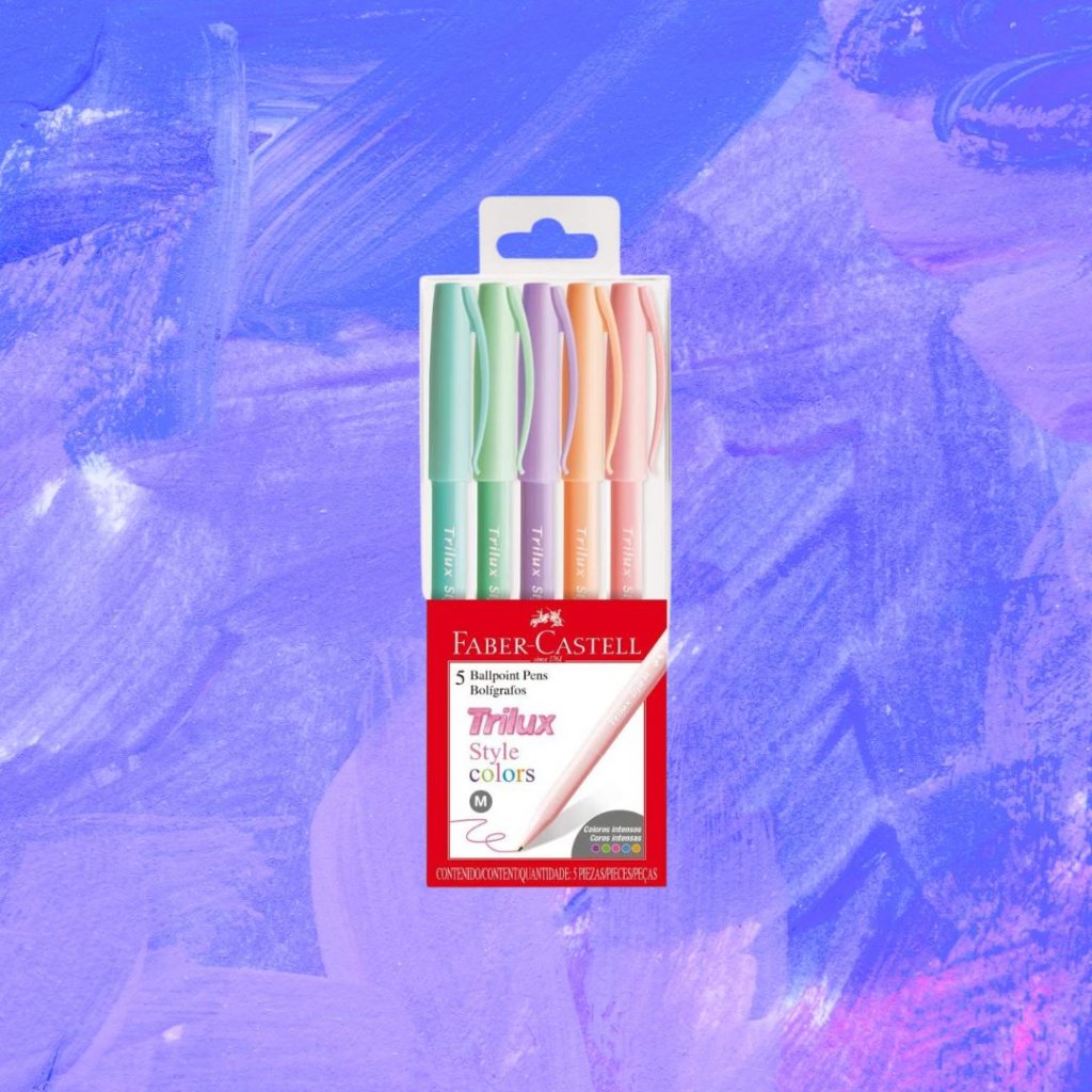 caneta (4) Imagem de um kit de canetas coloridas em um fundo em tons de roxo, lilás, rosa e branco