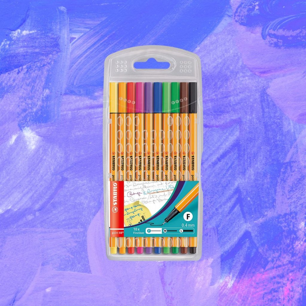 caneta Imagem de um kit de canetas coloridas em um fundo em tons de roxo, lilás, rosa e branco