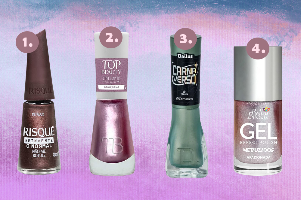 esmaltes-metalizados-01 Montagem em fundo degradê azul e lilás com quatro opções de esmaltes metálicos