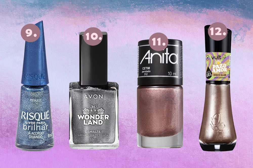 esmaltes-metalizados-03 Montagem em fundo degradê azul e lilás com quatro opções de esmaltes metálicos