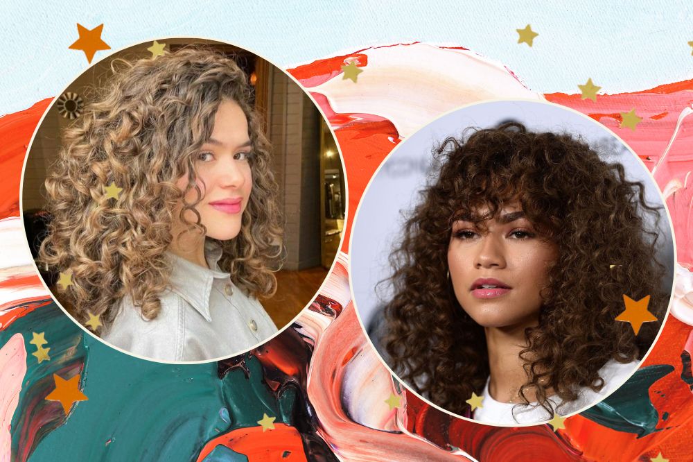 Montagem com fundo azul, verde e laranja. Duas imagens em formato de círculo. Na primeira é a Maisa e a segunda é a Zendaya.