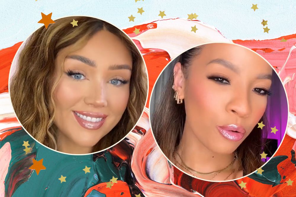 Montagem com fundo nas cores azul, laranja e verde. Duas imagens em círculo na frente com modelos usando lábios estilo diamond lips.