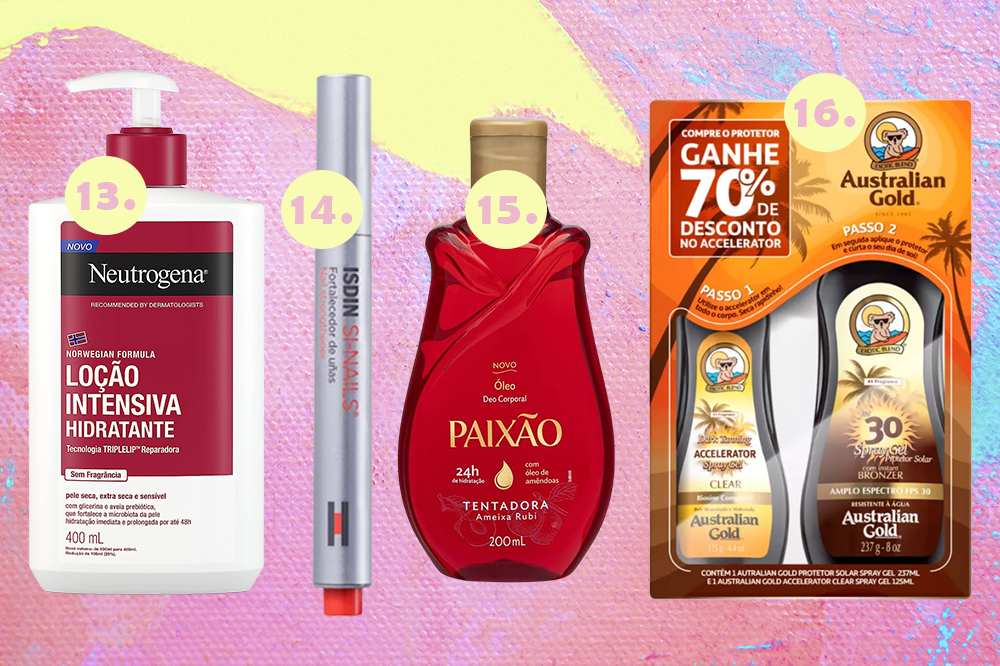 Produtos de skincare em promoção no Prime Day. Montagem em fundo rosa, azul e amarelo