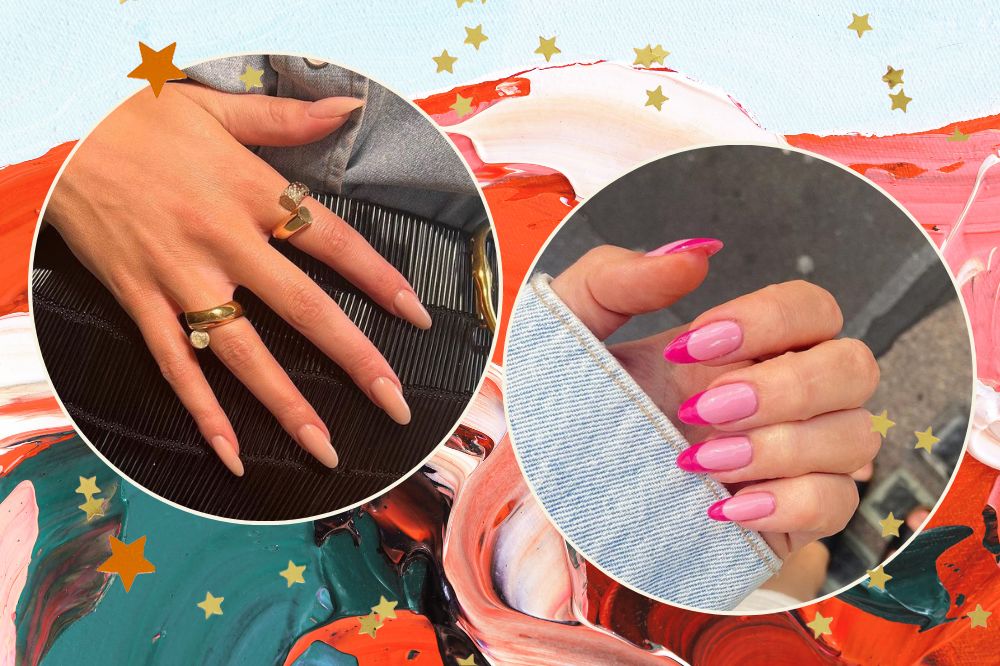 Montagem com fundo nas cores verde, laranja, rosa e azul. Duas imagens em círculos na frente. A primeira é de unhas minimalistas e a segunda unhas rosas.