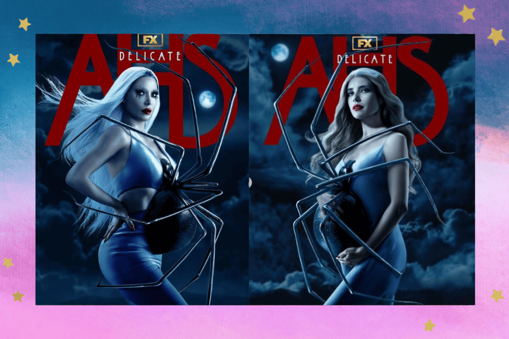 Kim Kardashian e Emma Roberts nos pôesteres da 12ª temporada de American Horror Story. Fundo azul e rosa com estrelas douradas.
